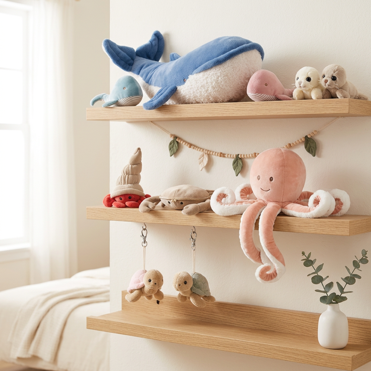 Bukowski oceaandieren knuffels met walvis, octopus, schildpadjes en krab in een sfeervolle kinderkamer