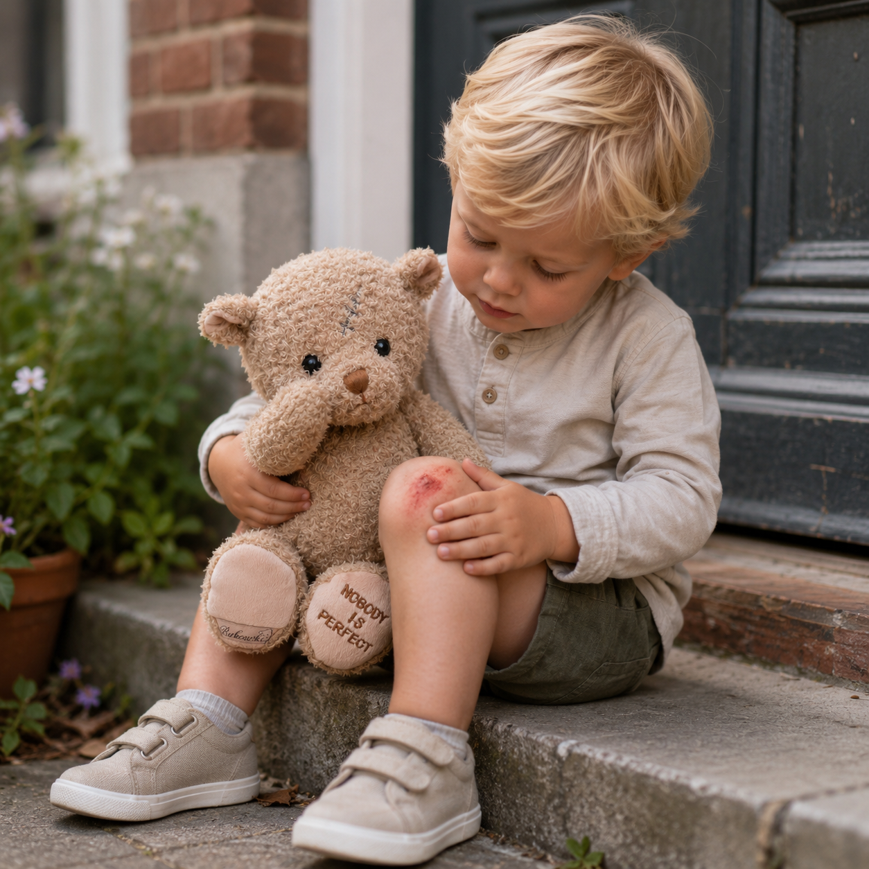 Algemeen beeld van een teddybeer, wordt als troost vastgehouden door een jongetje die is gevallen