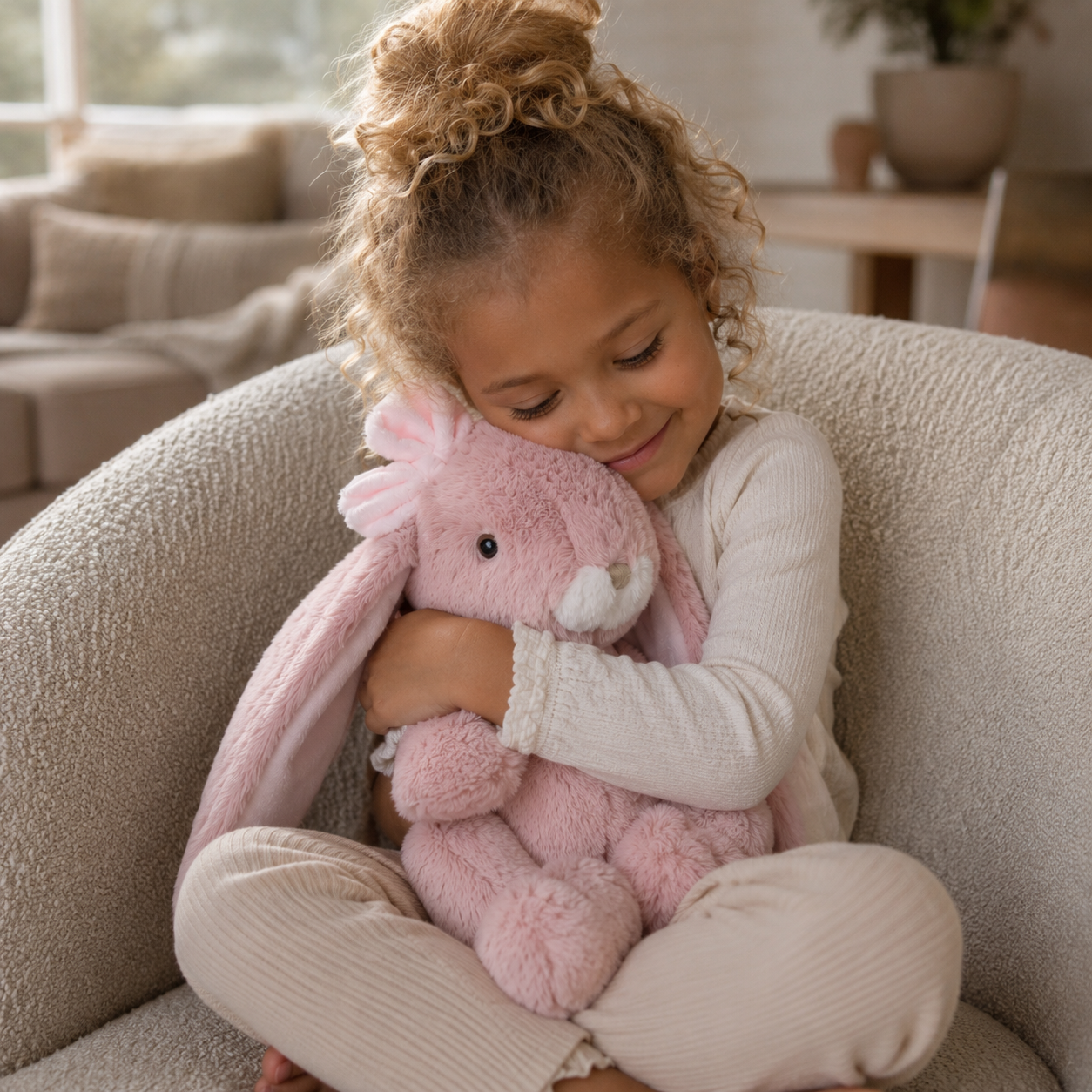 Meisje dat knuffelt met een super schattig en zacht roze knuffelkonijn
