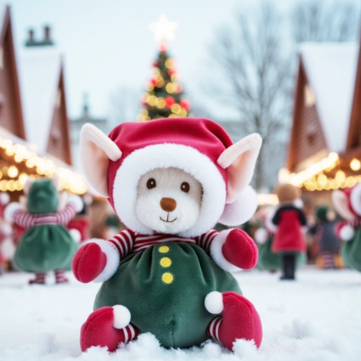 Ziggy Kerstelfje Groen kerstknuffel 15 cm van Bukowski Sweden in groen elfenpak met rode kerstmuts vooraanzicht in kerstsfeer
