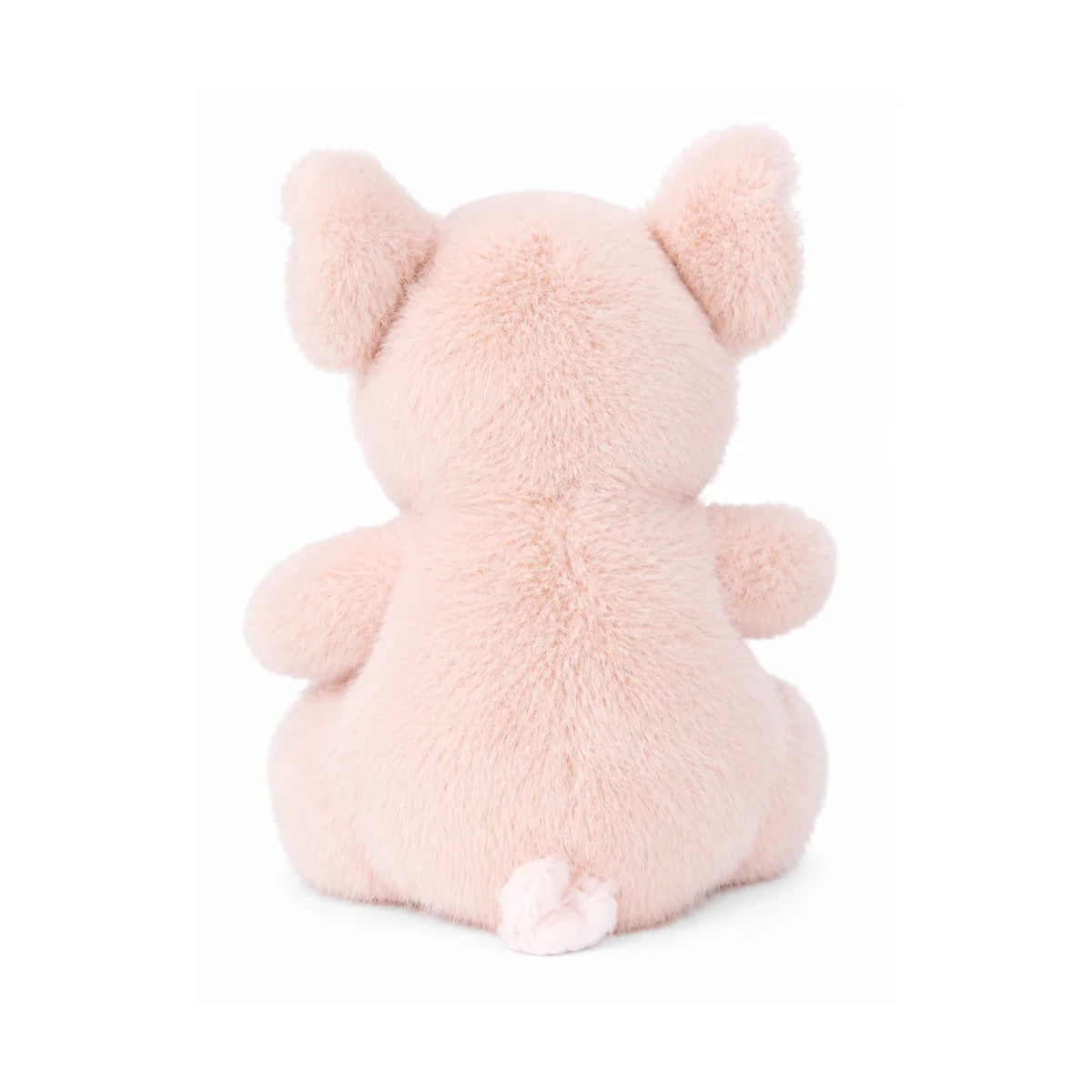Baby Oink knuffelbiggetje van Bukowskiknuffels.nl met een zachtroze vacht, lief snuitje, kleine oortjes en een vrolijk krulstaartje, achterkant