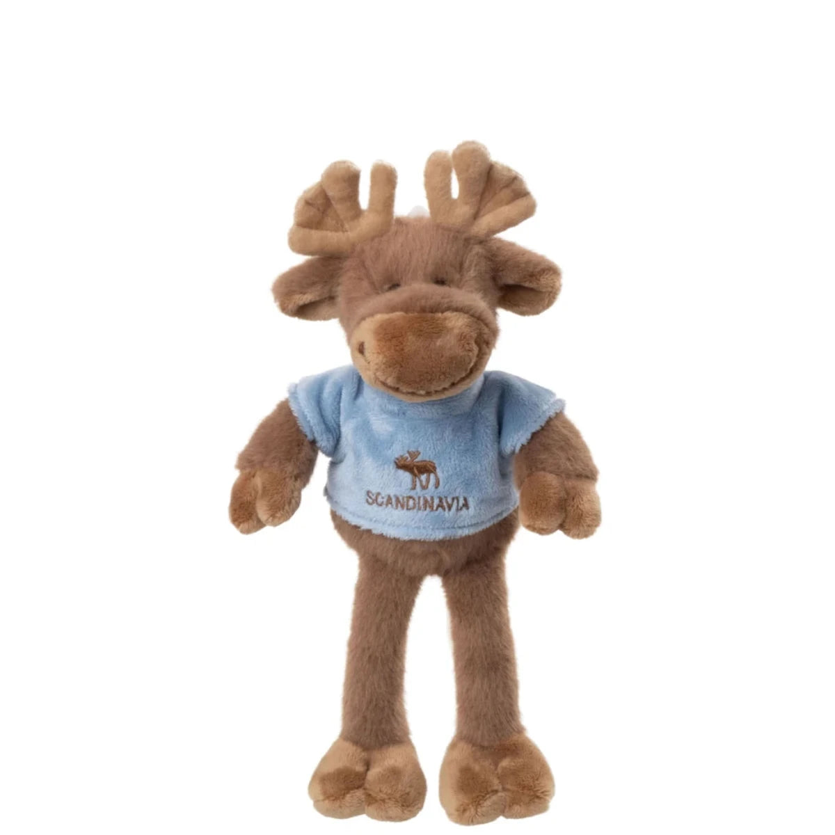 Rune elandknuffel 25 cm van Bukowski Sweden met lichtblauw T-shirt en bungelende pootjes