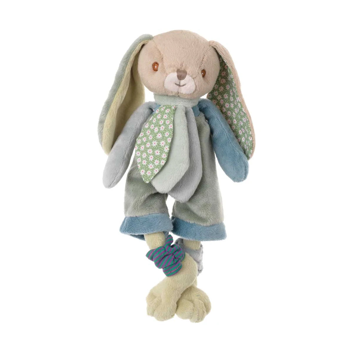 Benji knuffelkonijn van Bukowskiknuffels.nl met groene en blauwe Scandinavische details, lange hangoren en zachte pluche.