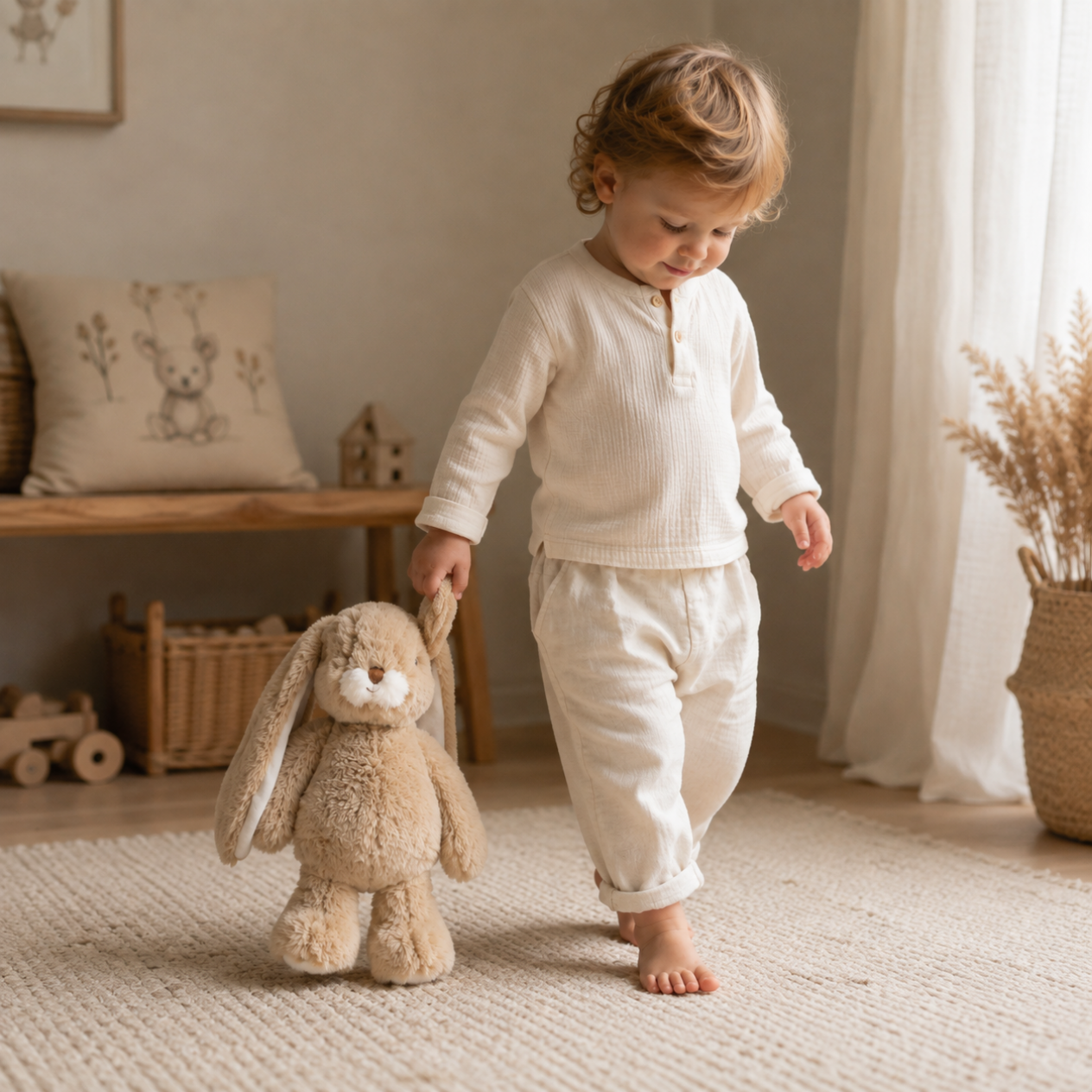 Sfeerbeeld van peuter met konijnenknuffel beige