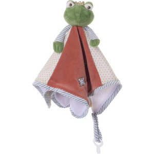 Kikker knuffeldoekje met kroontje en speenkoord, lichtblauwe variant