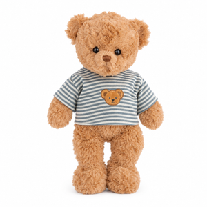 Bruine Bukowski Sweden teddybeer Monsieur Jolie met blauw-wit gestreept shirt.