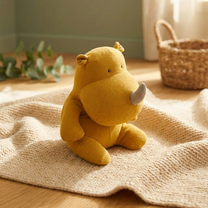Okergele linnen neushoornknuffel Nosyvan Bukowski Sweden 40 cm sfeerbeeld op een kleed in een kinderkamer