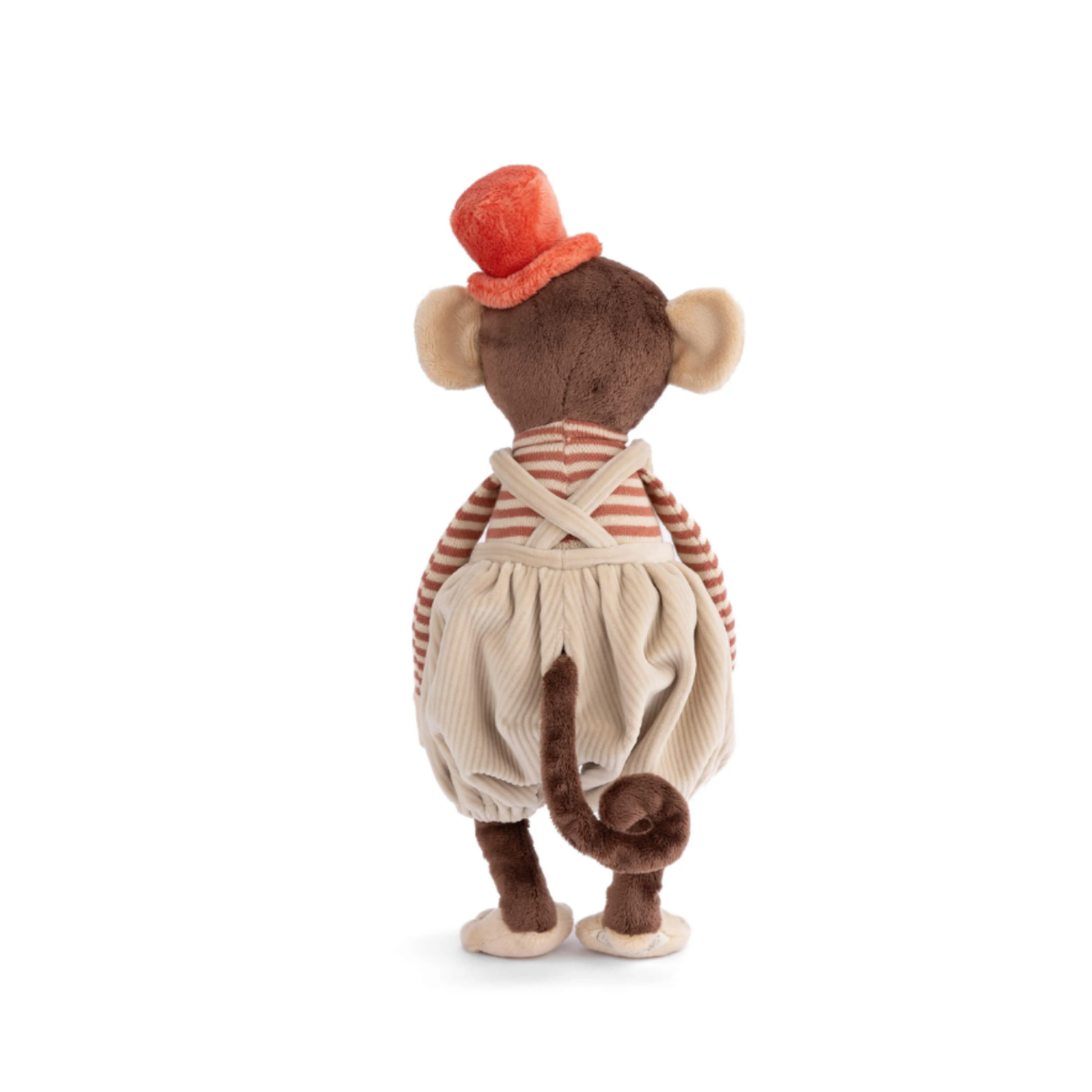Winston knuffelaap van Bukowski met hoedje, gestreept shirt en beige corduroy broek, achterkant met staart door de broek