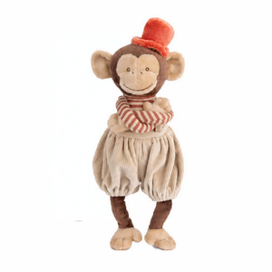 Winston knuffelaap van Bukowski met hoedje, gestreept shirt en beige corduroy broek