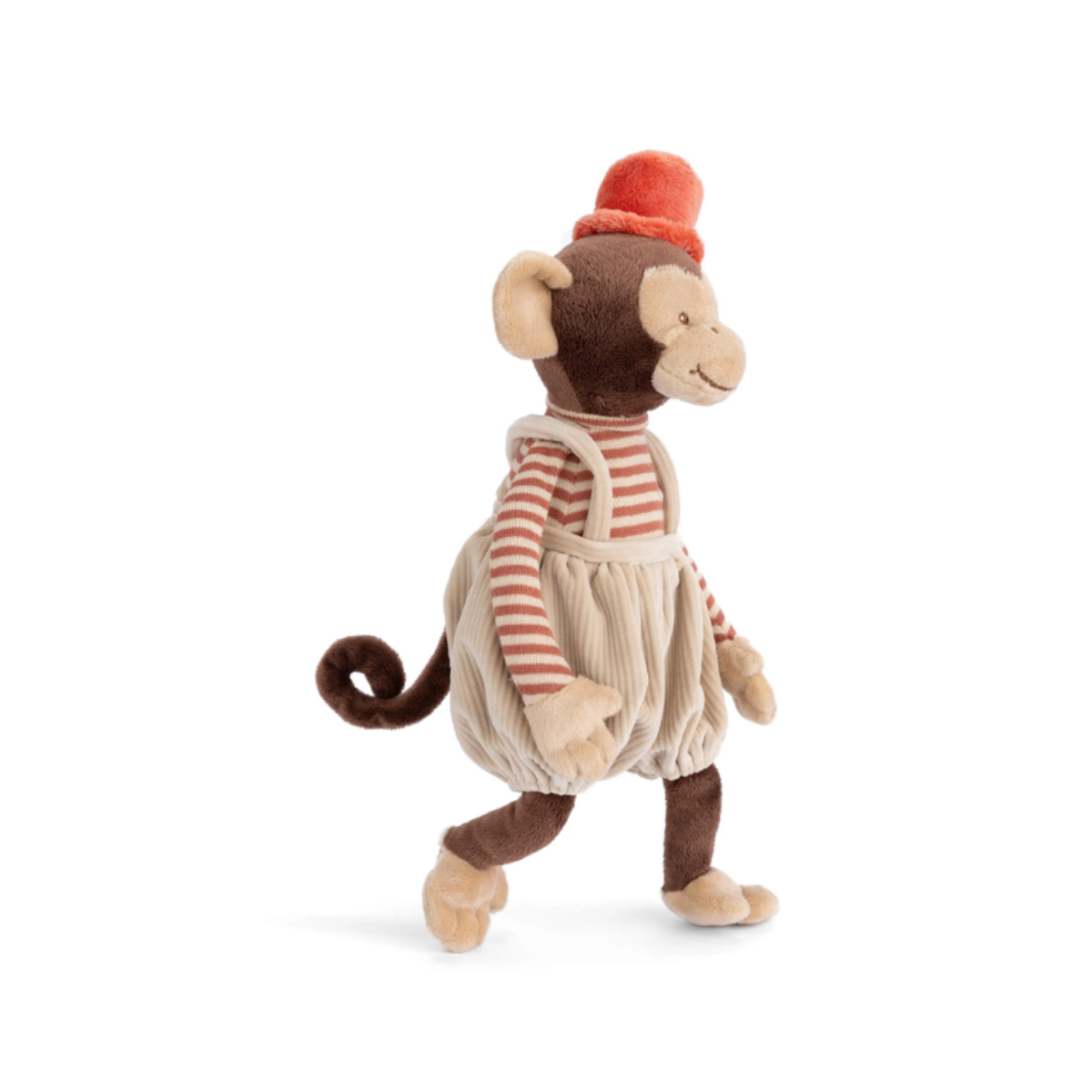 Winston knuffelaap van Bukowski met hoedje, gestreept shirt en beige corduroy broek, zijkant