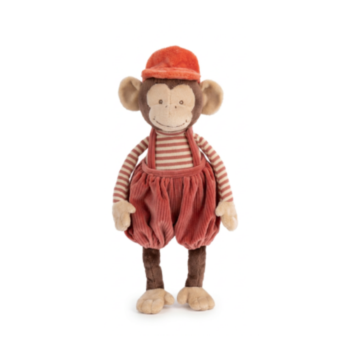 Winston knuffelaap van Bukowski met hoedje, gestreept shirt en rode corduroy broek