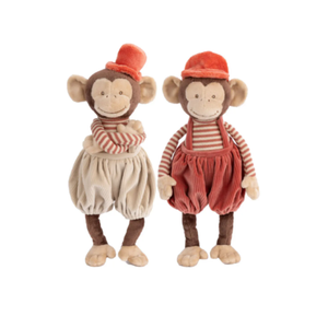 Winston knuffelaapjes, 30cm met gestreept shirtje en corduroy broek in beige en rood