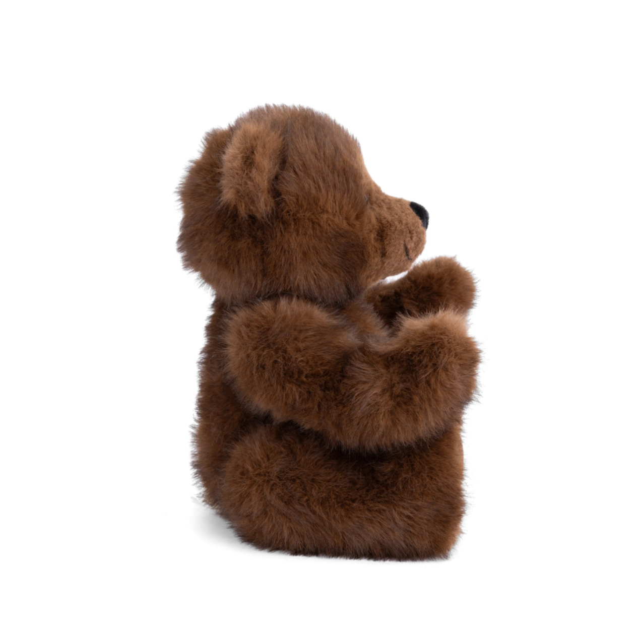Kastanjebruine teddybeer Witold The Great van Bukowskiknuffels.nl met zachte pluche en beweegbare armen en benen, zijkant