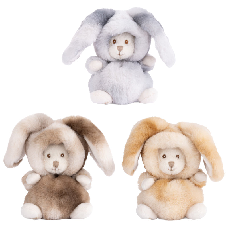 Ziggy Winter Rabbit Grijs, bruin en caramel knuffelbeertje in een winterkonijnenpakje van Bukowski Sweden – 15 cm, vooraanzicht 