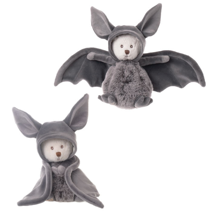 Ziggy Bat Vleermuisknuffel van Bukowski Sweden – 15 cm, vooraanzicht met capuchon, vleugels open en vleugels dicht