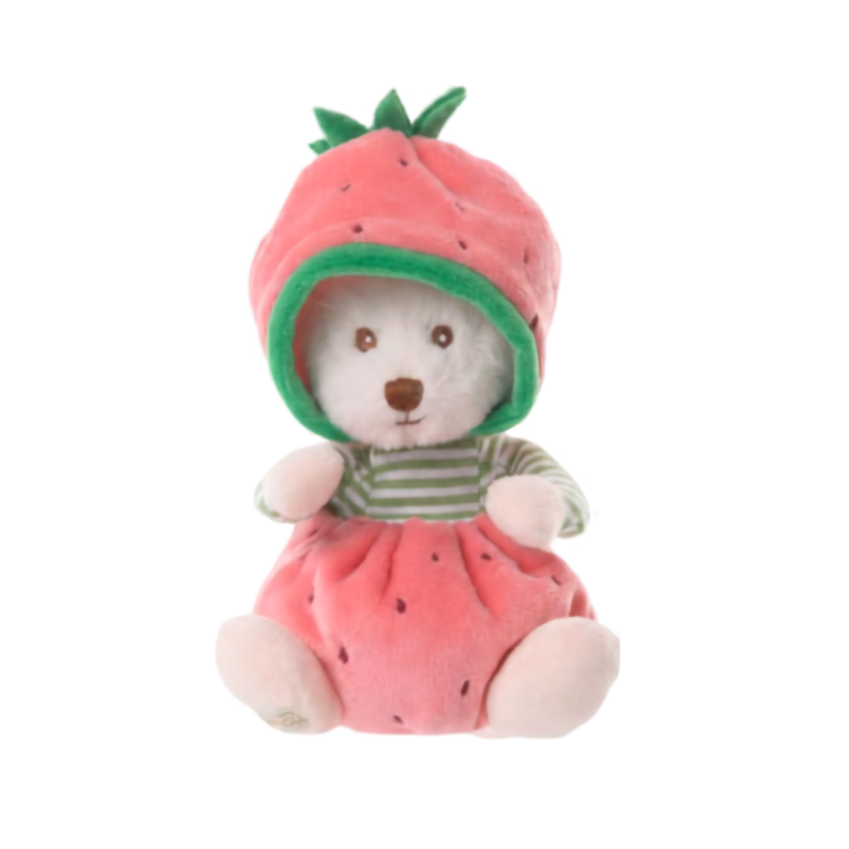 Ziggy Strawberry, knuffelbeertje in een roze aardbeienpaje met gestreept truitje
