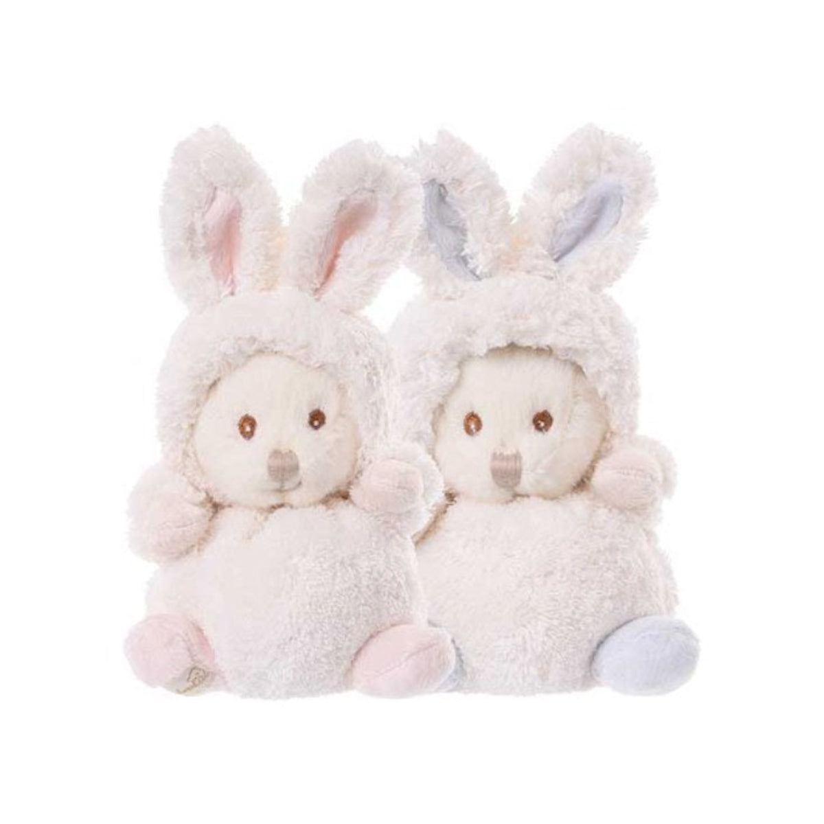 Ziggy Baby Rabbit Blauw en Roze knuffelbeertjes in wit konijnenpakje van Bukowski Sweden – 15 cm, vooraanzicht met capuchon