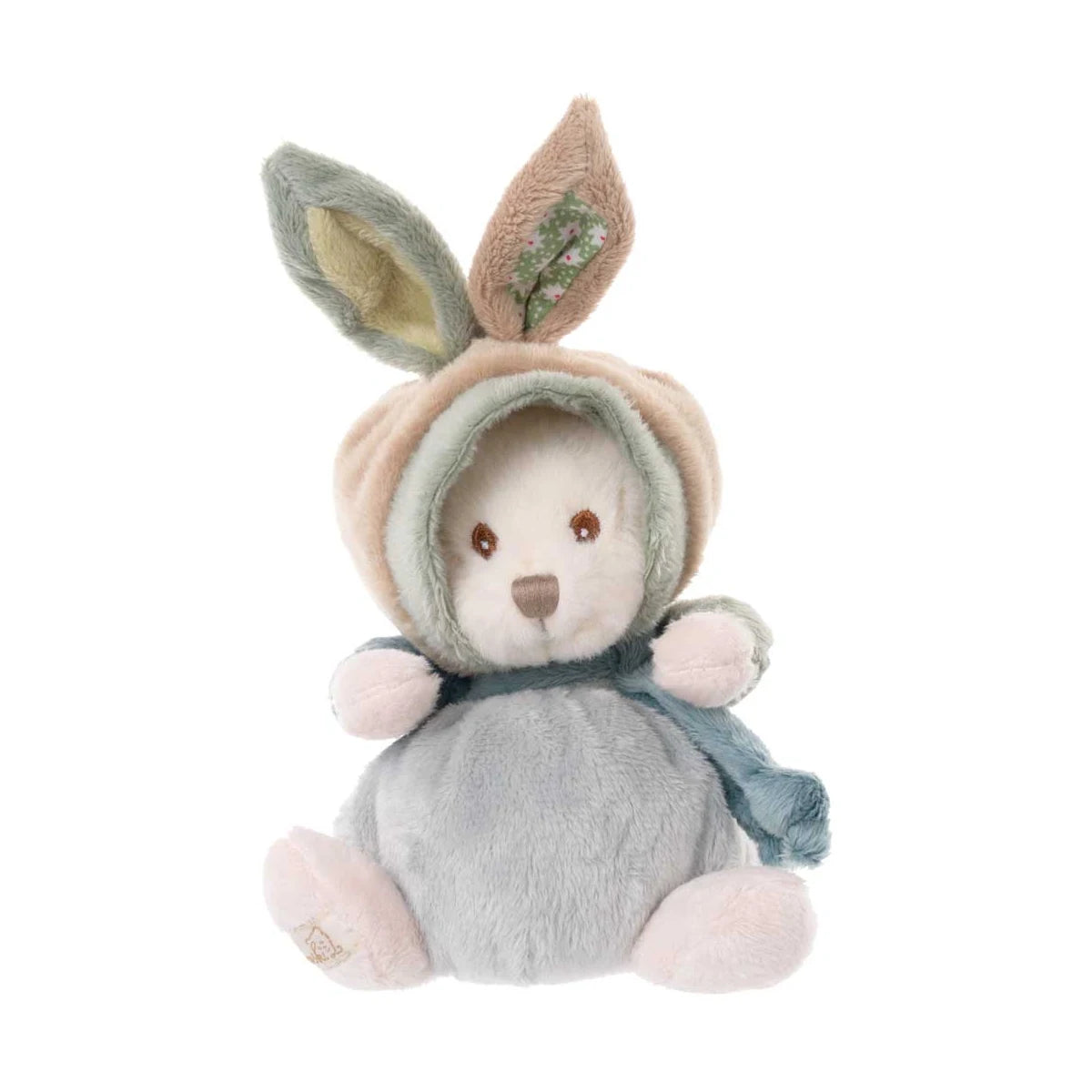 Ziggy Happy Family Benji knuffelbeertje in een konijnenpakje van Bukowski Sweden – 15 cm, voorkant met capuchon