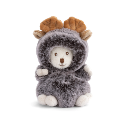Ziggy Moose grijs knuffelbeertje in elandenpakje met capuchon, vooraanzicht