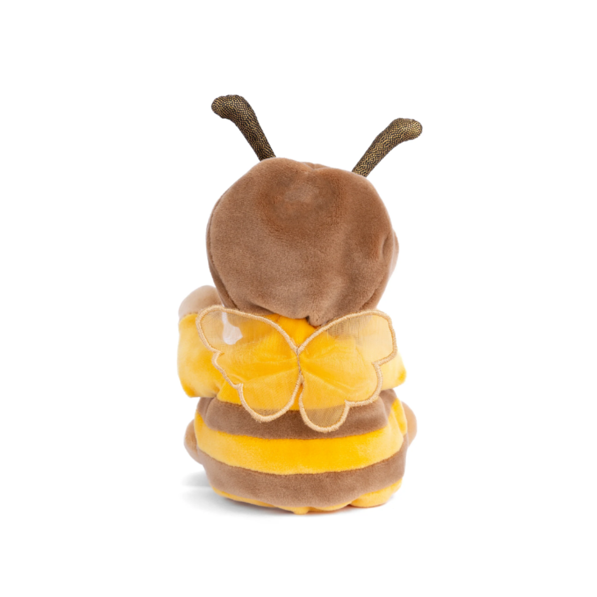 Ziggy Bee Bruin, knuffelbeertje in een bijenpakje, achteraanzicht met kapje op