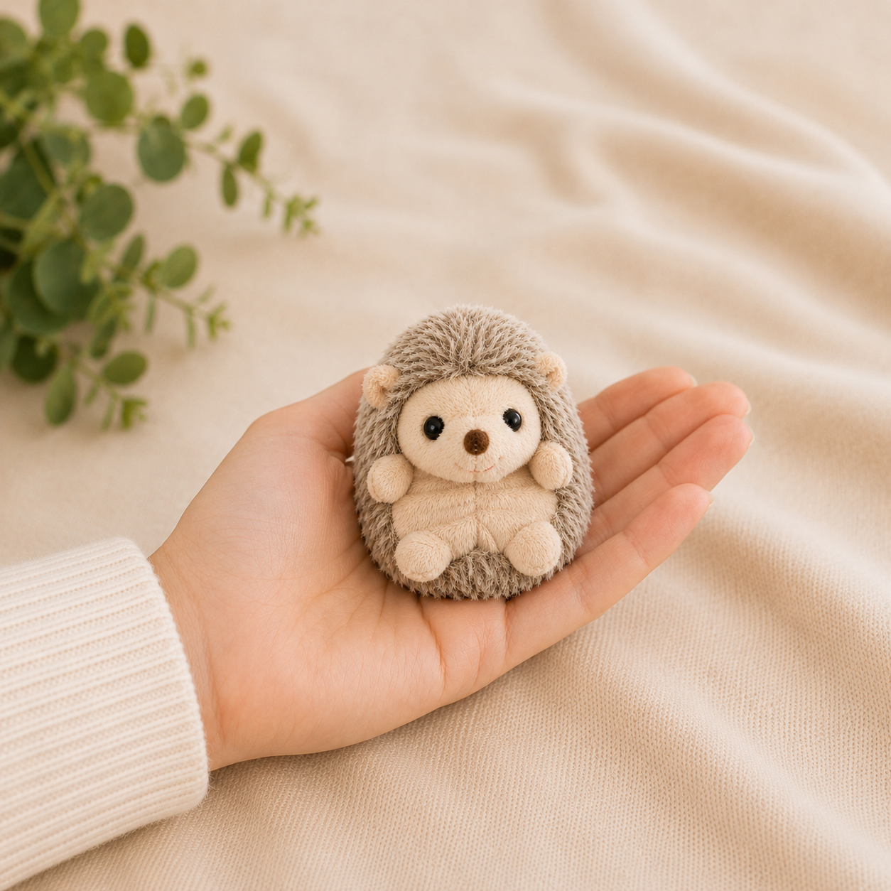 Baby Hubert opgerold knuffelegeltje 12 cm van Bukowski Sweden, in een handpalm