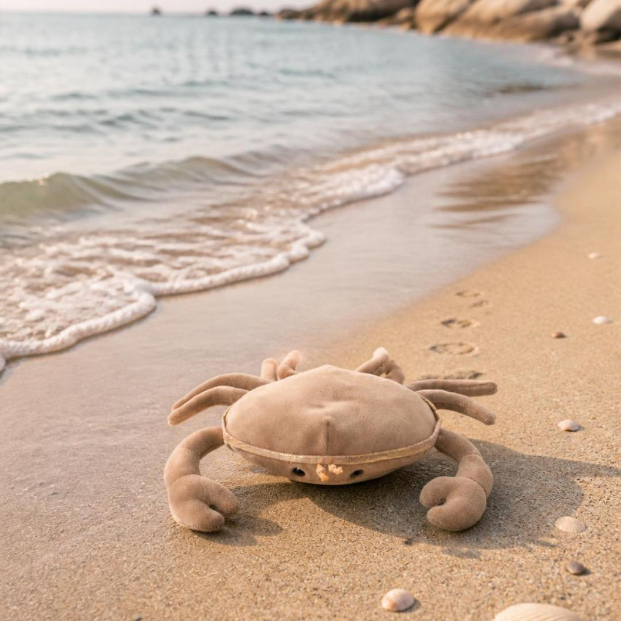 Claude krab knuffel met Bretonse streepjes en beanbag-vulling van Bukowski Sweden – 15 cm op strand
