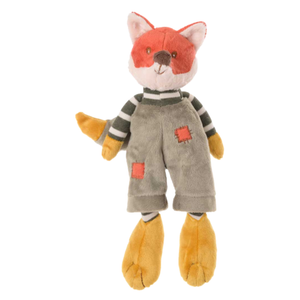Foxy vossenknuffel, gekleurd met vrolijk pakje van fluweel vooraanzicht