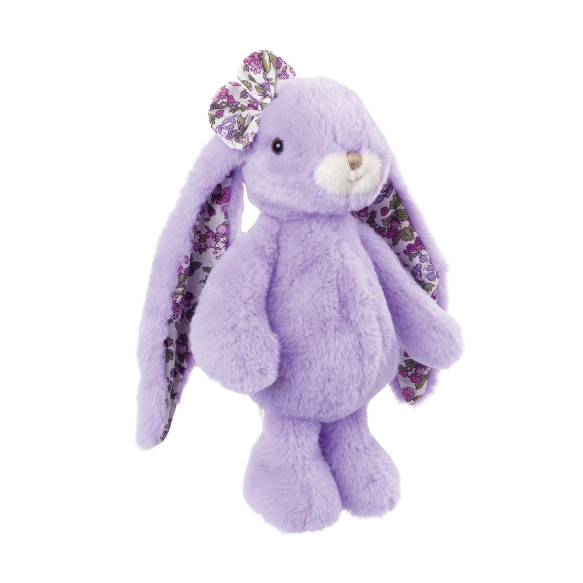 Friendly Karina Floral knuffelkonijn van Bukowskiknuffels.nl met lavendelkleurige pluche, bloemenprint in de hangoren en een bijpassende strik, staand, zijkant