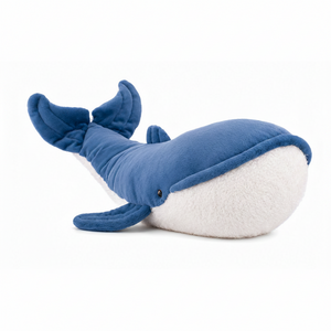 The Great Blue Bubbles XL walvisknuffel van Bukowski Sweden met witte pluche buik – 60 cm