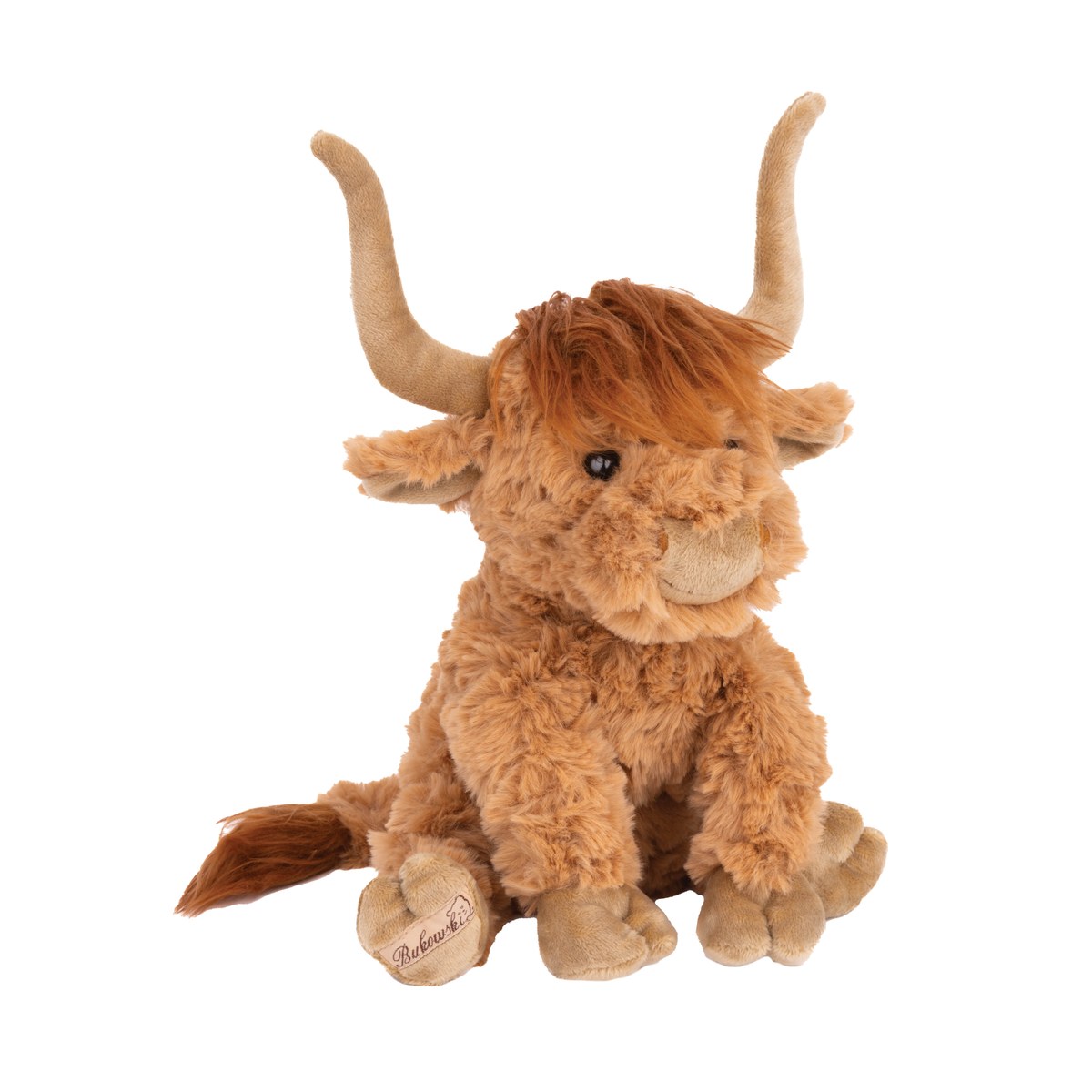 Henderson Highland koe knuffel van Bukowskiknuffels.nl met zachte karamelbruine vacht, lange hoorns en een vriendelijke uitstraling, zittend