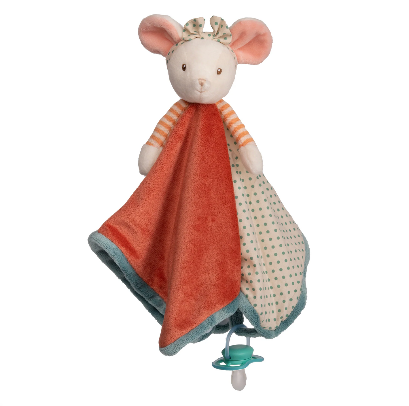 Het Ingefrid knuffeldoekje van Bukowskiknuffels.nl is uitgevoerd als een lief muisje in warme oranje- en turquoise tinten. Het doekje combineert zachte pluche, corduroy en een gestipte stof, heeft een speenlus en wordt geleverd in een luxe giftbox.
