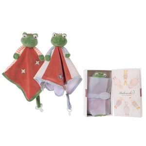 2 kikker varianten knuffeldoekje in blauw en oranje incl giftbox
