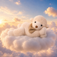 Lazy Lefty knuffelschaapje 20 cm van Bukowski Sweden met ultrazachte crèmekleurige vacht, in sfeerafbeelding liggend op een wolk