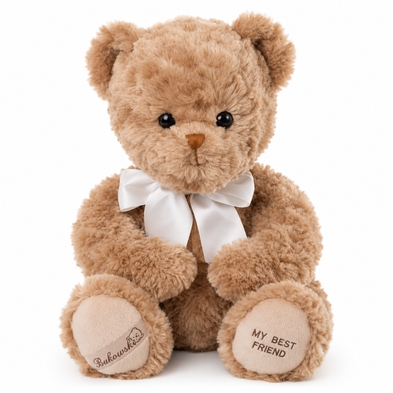 Grote lichtbruine teddybeer Mavi van Bukowskiknuffels.nl met zachte krulvacht van 55 cm.