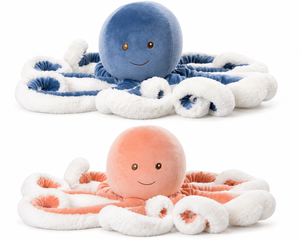 Minky en Ninky XL octopusknuffels van Bukowski Sweden met opkrullende tentakels – 55 cm, roze/oranje met wit en blauw met wit