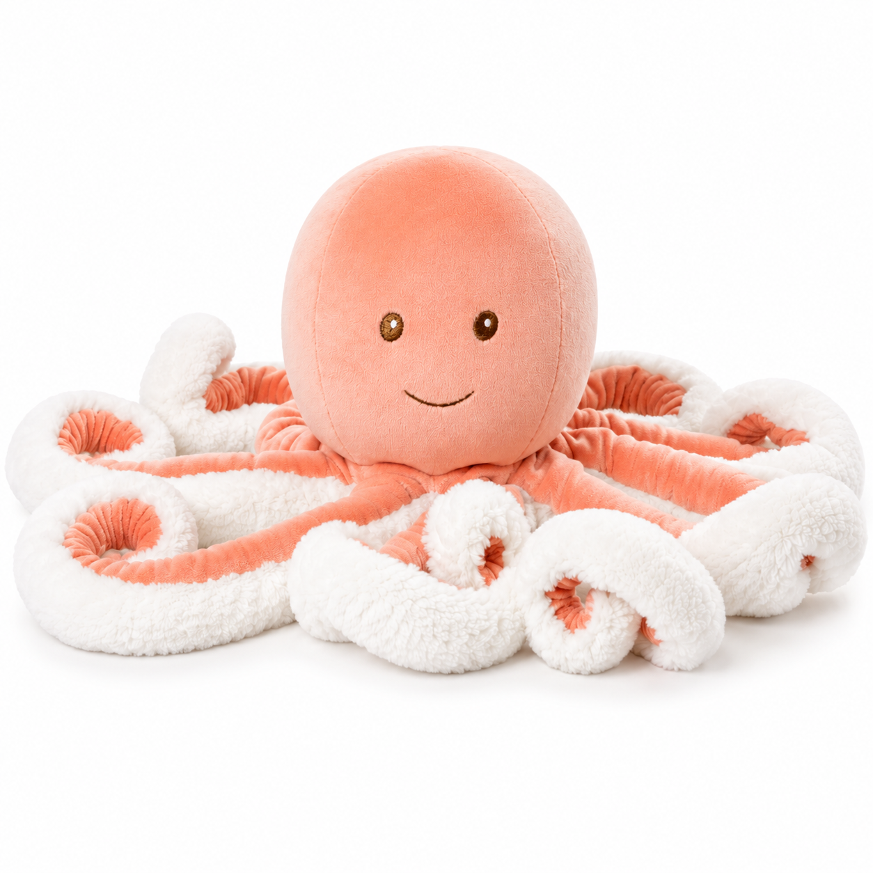 Ninky XL octopusknuffel van Bukowski Sweden met opkrullende tentakels – 55 cm, roze/oranje met wit