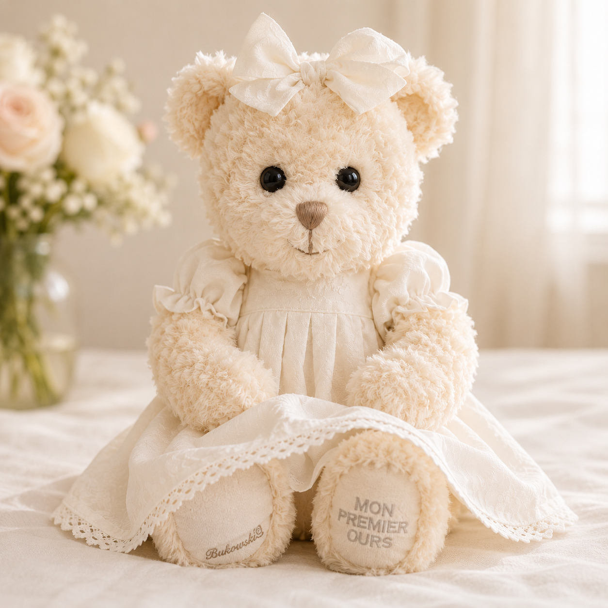 Grote witte teddybeer Selma van Bukowski Sweden met broderie jurkje, strik op haar hoofd en ultrazachte pluche in sfeer setting