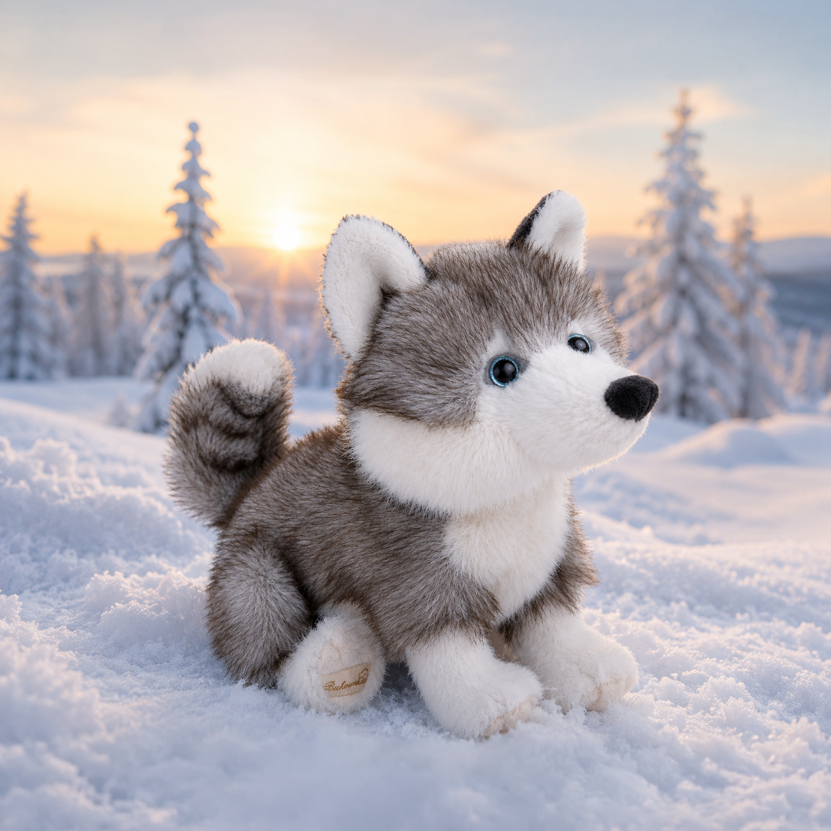 Sweet Husky knuffelhond 25 cm van Bukowski Sweden met zilvergrijze en witte vacht, in sfeerbeeld in de sneeuw
