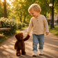 Sfeerfoto kastanjebruine teddybeer Witold The Great van Bukowskiknuffels.nl aan de hand van een jongetje met zachte pluche en beweegbare armen en benen.