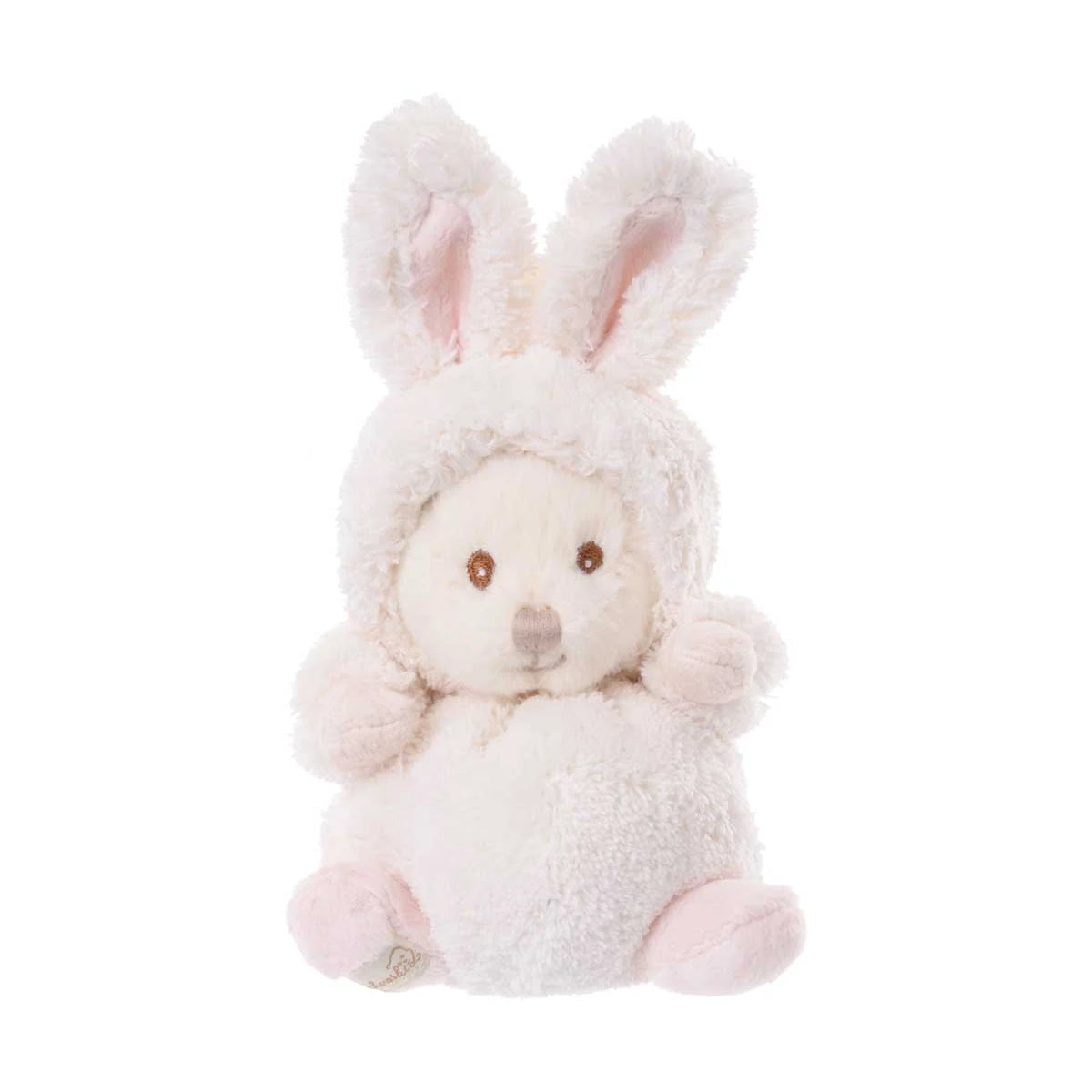 Ziggy Baby Rabbit Roze knuffelbeertje in wit konijnenpakje van Bukowski Sweden – 15 cm, vooraanzicht met capuchon