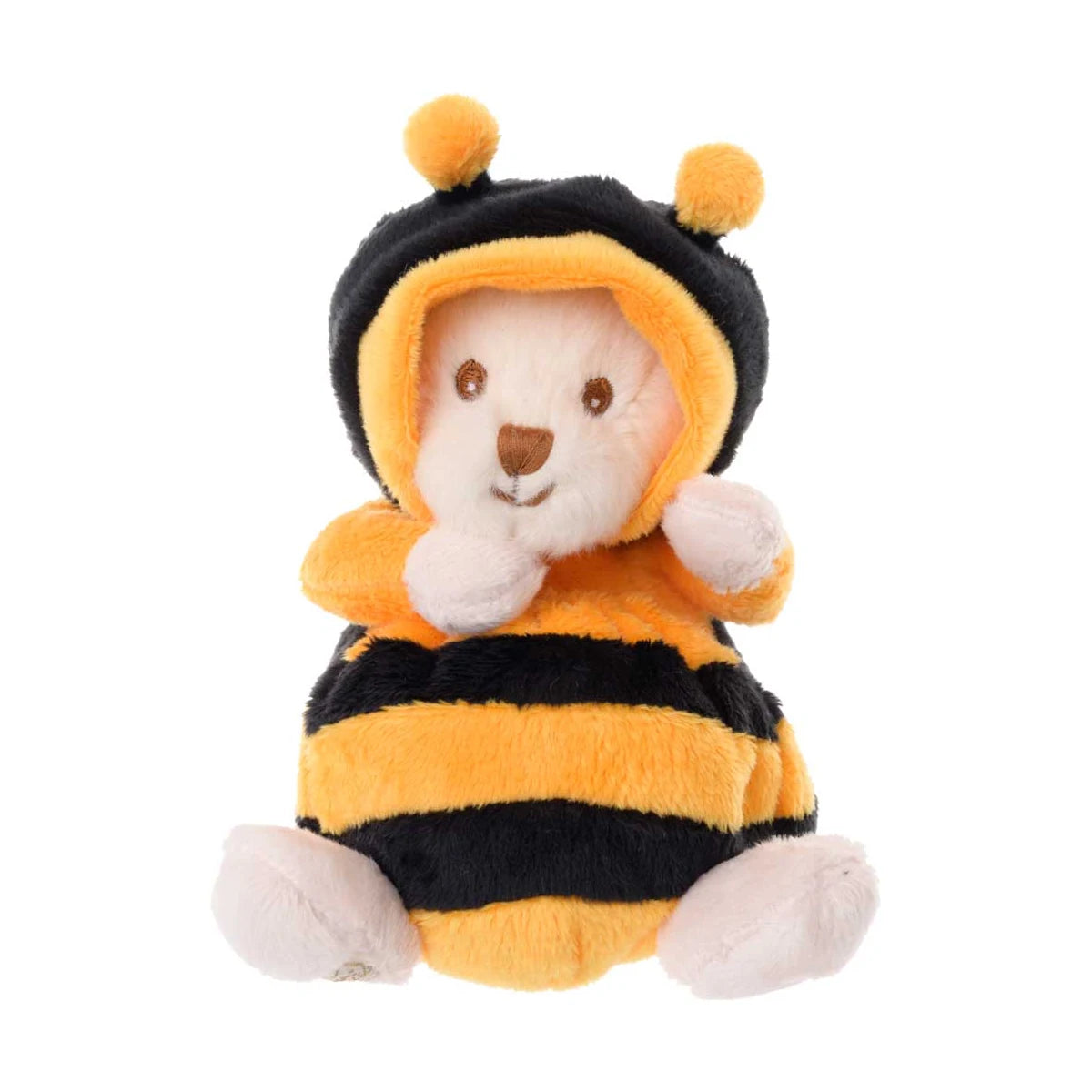 Ziggy Bee knuffelbeertje in een bijenpakje van Bukowski Sweden – 15 cm, vooraanzicht met capuchon