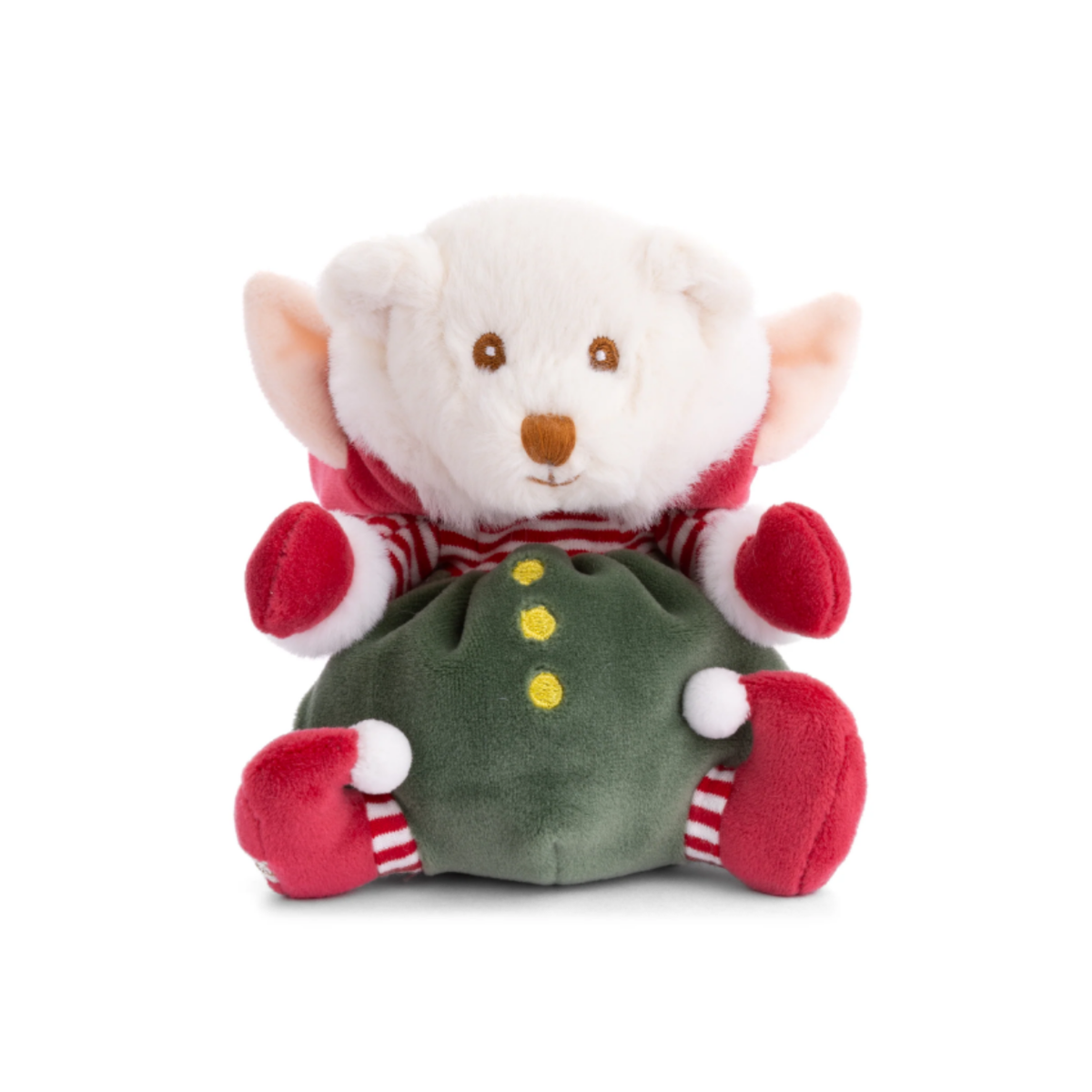 Ziggy Kerstelfje Groen kerstknuffel 15 cm van Bukowski Sweden in groen elfenpak met rode kerstmuts, kapje af, vooraanzicht