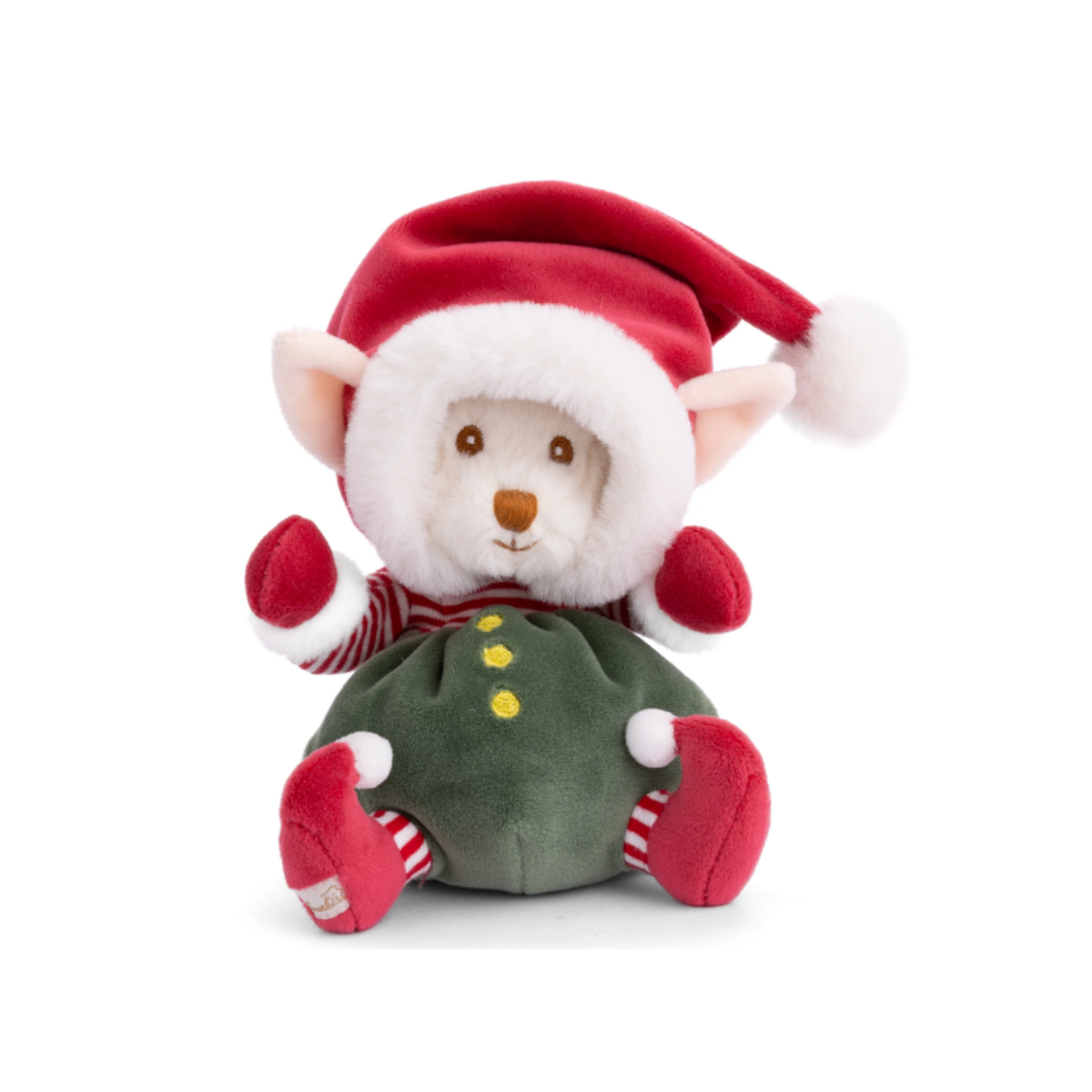 Ziggy Kerstelfje kerstknuffel 15 cm van Bukowski Sweden in groen elfenpak met rode kerstmuts vooraanzicht