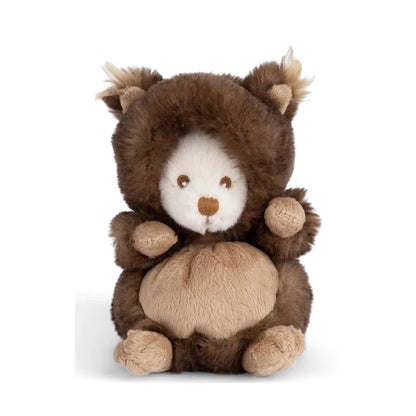 Ziggy Brunis Eekhoornknuffel van Bukowski Sweden – 15 cm, vooraanzicht met capuchon op