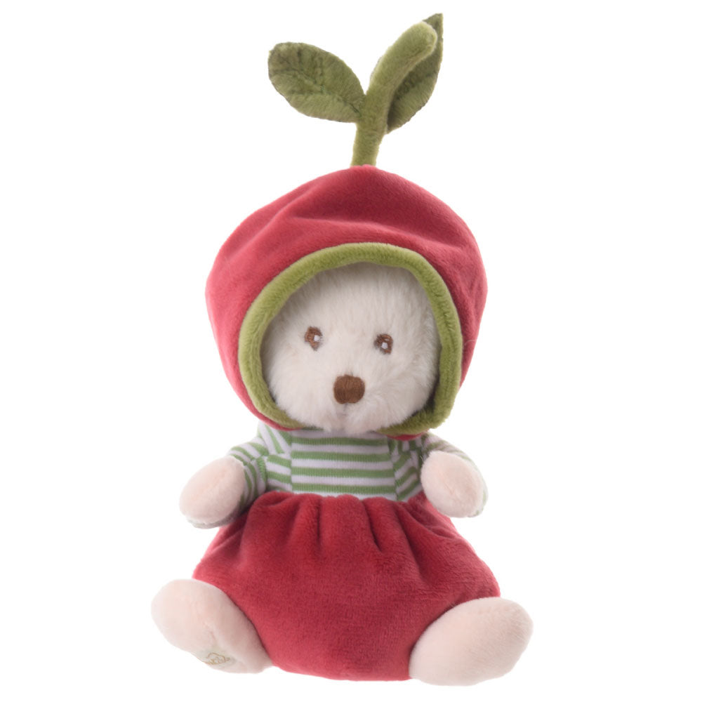 Ziggy Cherry Knuffelbeertje in kersenpakje van Bukowski Sweden – 15 cm, voorkant met capuchon