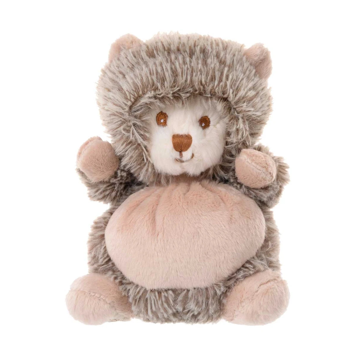 Ziggy Hubert knuffelbeertje in een egelpakje van Bukowski Sweden – 15 cm, voorkant met capuchon