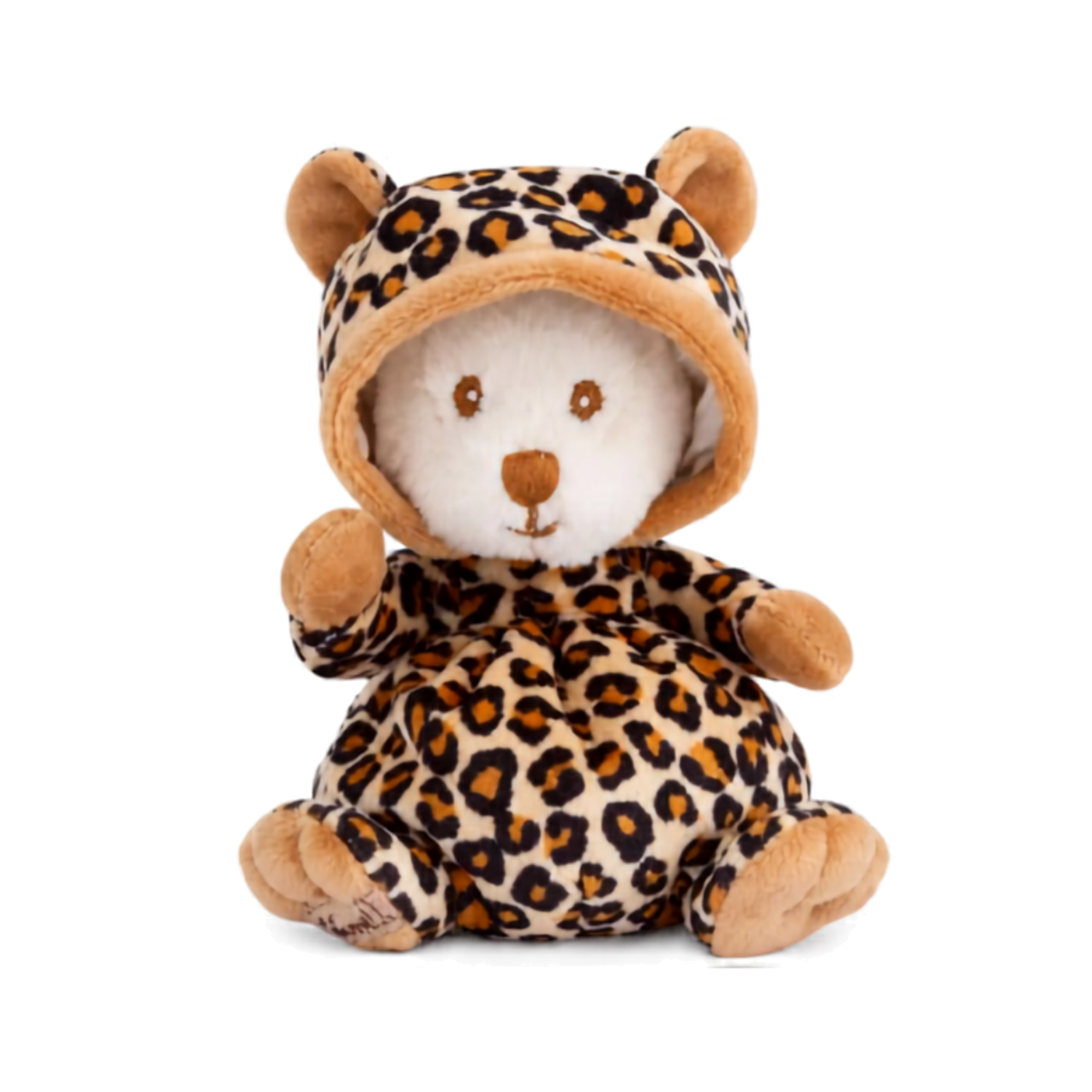 Ziggy Luipaard knuffelbeertje in bruin luipaardpakje, vooraanzicht met capuchon