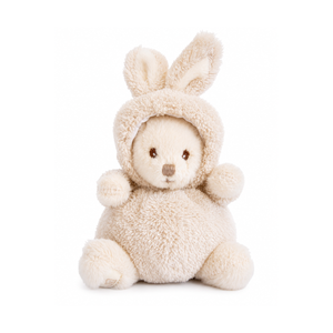 Ziggy Natural Beige knuffelbeertje in een naturel konijnenpakje van Bukowski Sweden – 15 cm, vooraanzicht met capuchon