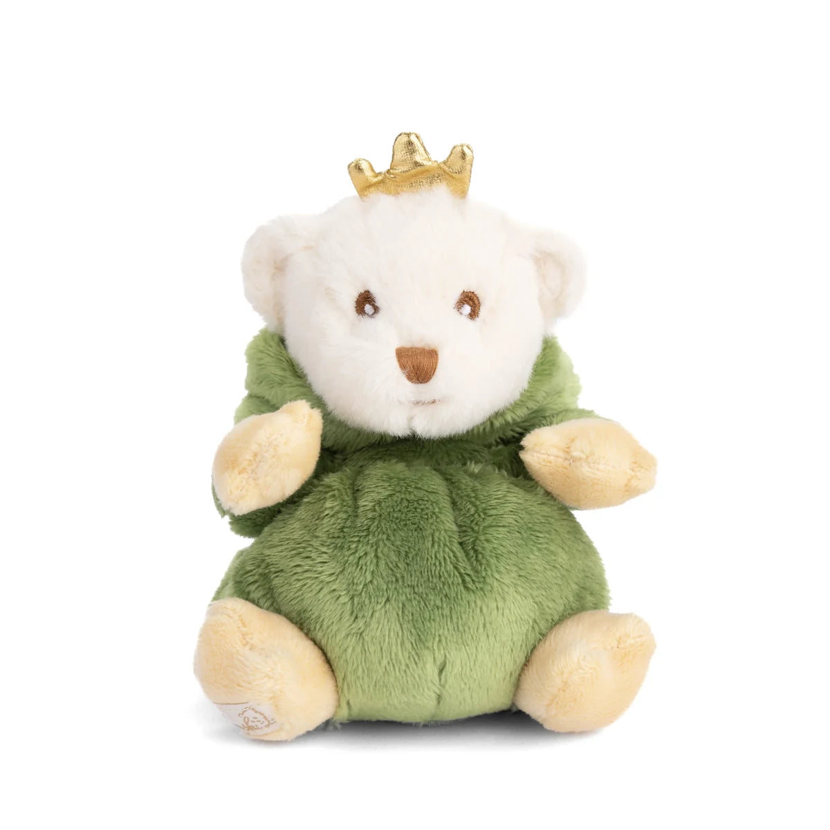 Ziggy Prince Charles groene Knuffelkikker met gouden kroontjevan Bukowski Sweden – 15 cm, vooraanzicht, capuchon af