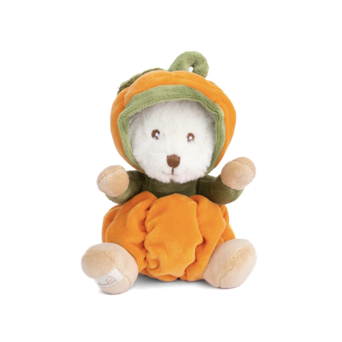 Ziggy Pumpkin knuffelbeertje in een pompoenpakje van Bukowski Sweden – 15 cm, vooraanzicht met capuchon